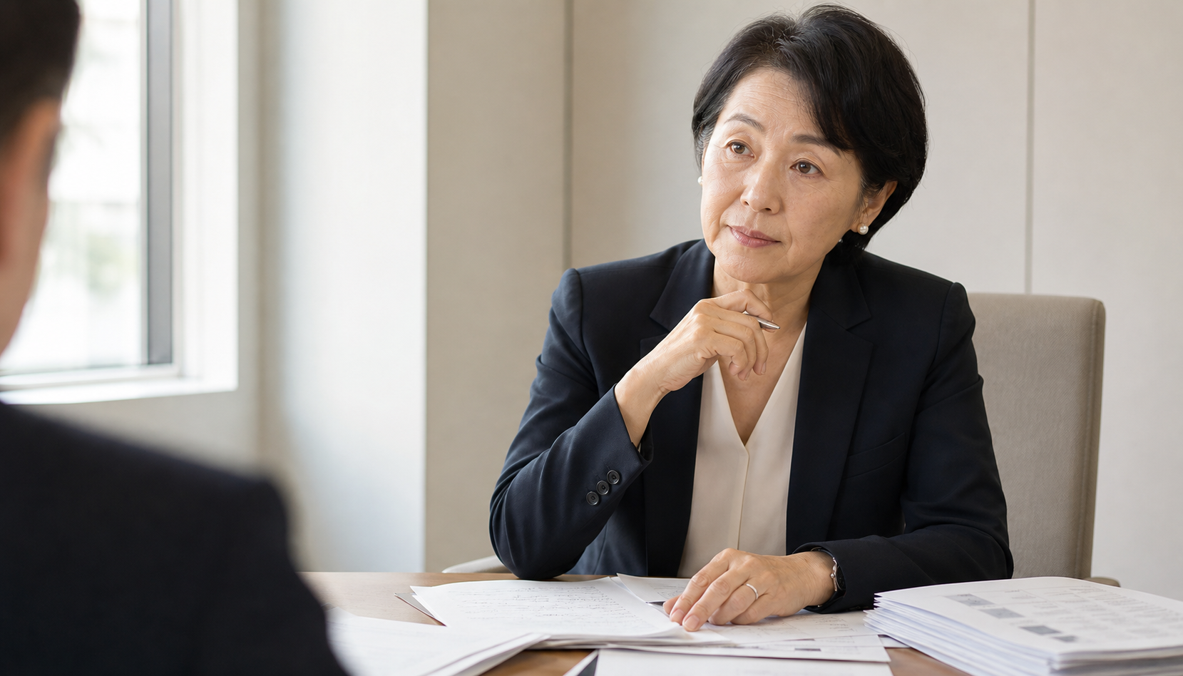 50代女性経営者が社員の説明を聞きながら判断材料を整理する場面