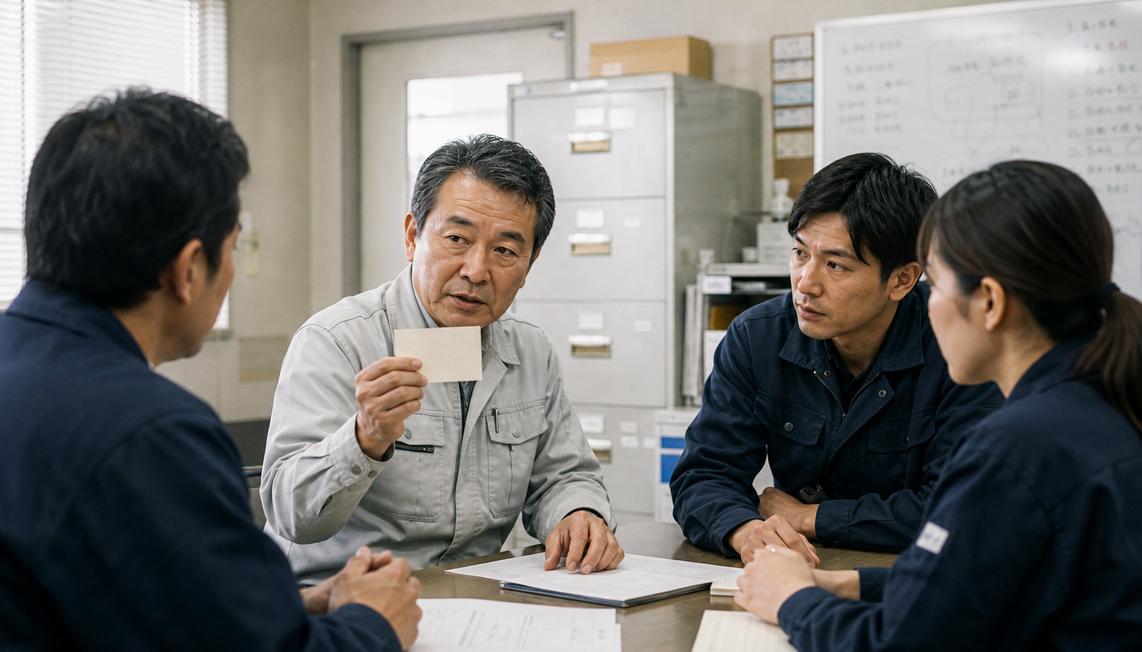 小会議室で資料を囲む社長と工場長と若手営業